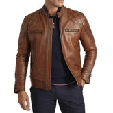 David Brown Mens Quilted Cafe Racer Leather Jacket Mens